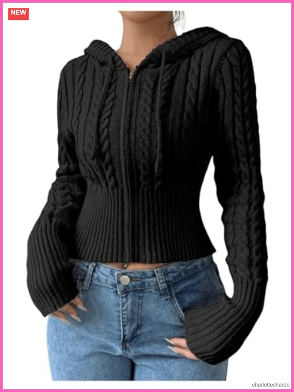 Cropped Cable Knit Cardigan Sweater with Drawstring Hood and Zipper